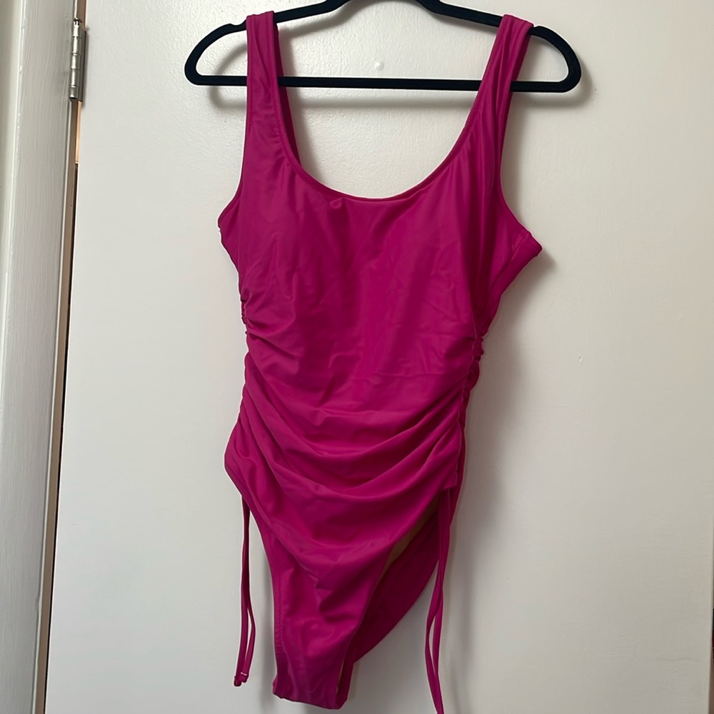 JCREW NWT size 14 Ruched side tie one piece swimsuit pink radiant fuschia